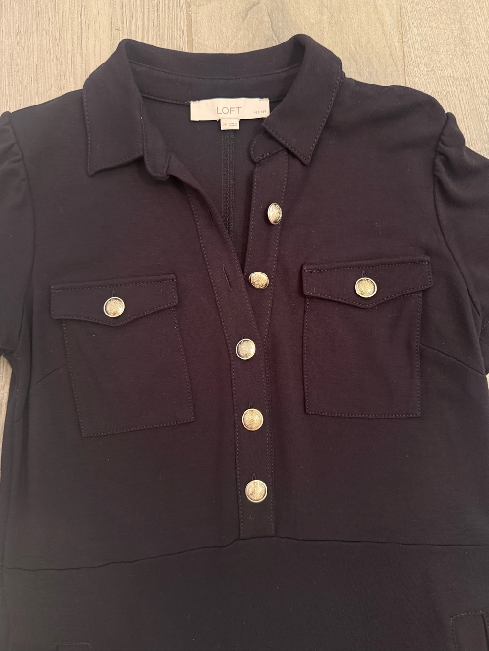 Black Short-Sleeve Shirt Dress with Gold Buttons - Picture 7 of 10